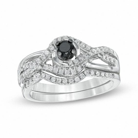 0.50 CT. T.W. Enhanced Black and White Diamond Swirl Bridal Set in 10K White Gold