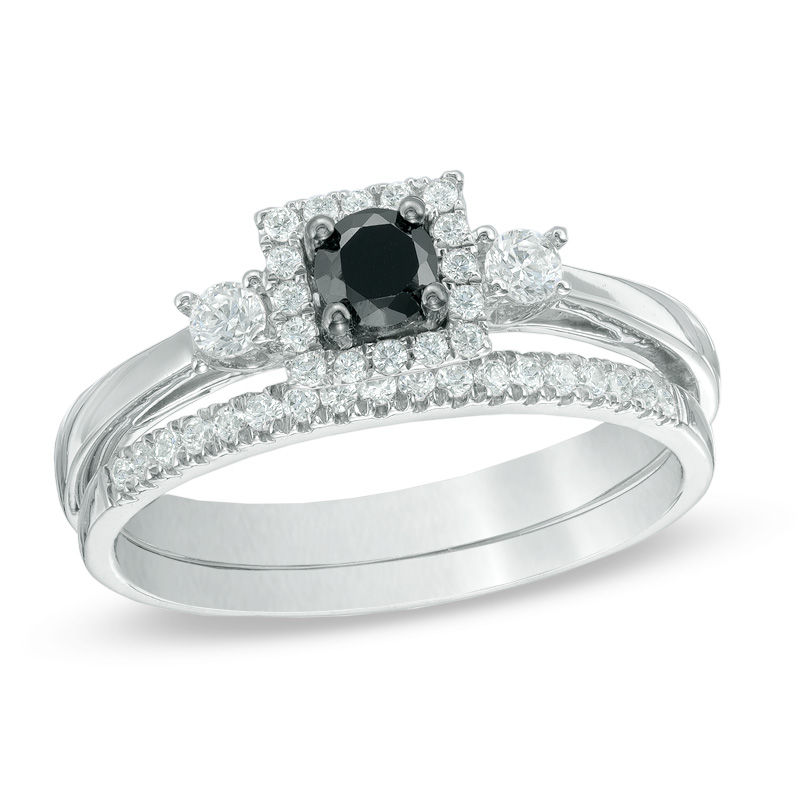 0.50 CT. T.W. Enhanced Black and White Diamond Three Stone Bridal Set in 10K White Gold|Peoples Jewellers