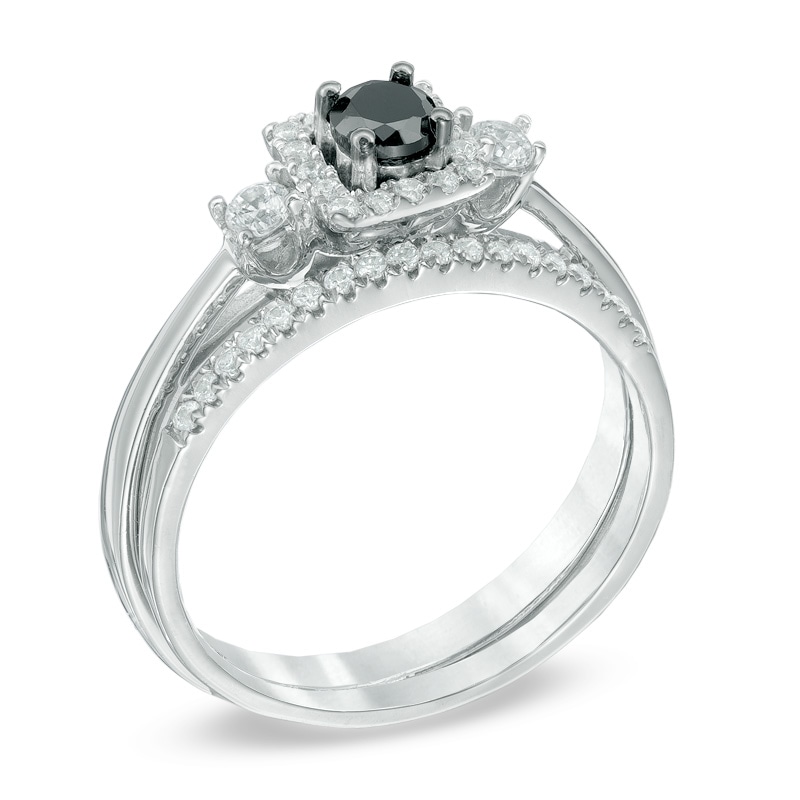 0.50 CT. T.W. Enhanced Black and White Diamond Three Stone Bridal Set in 10K White Gold