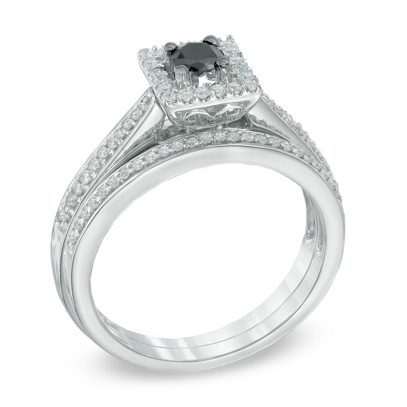 Main Image 2 of 0.50 CT. T.W. Enhanced Black and White Diamond Square Frame Bridal Set in Sterling Silver