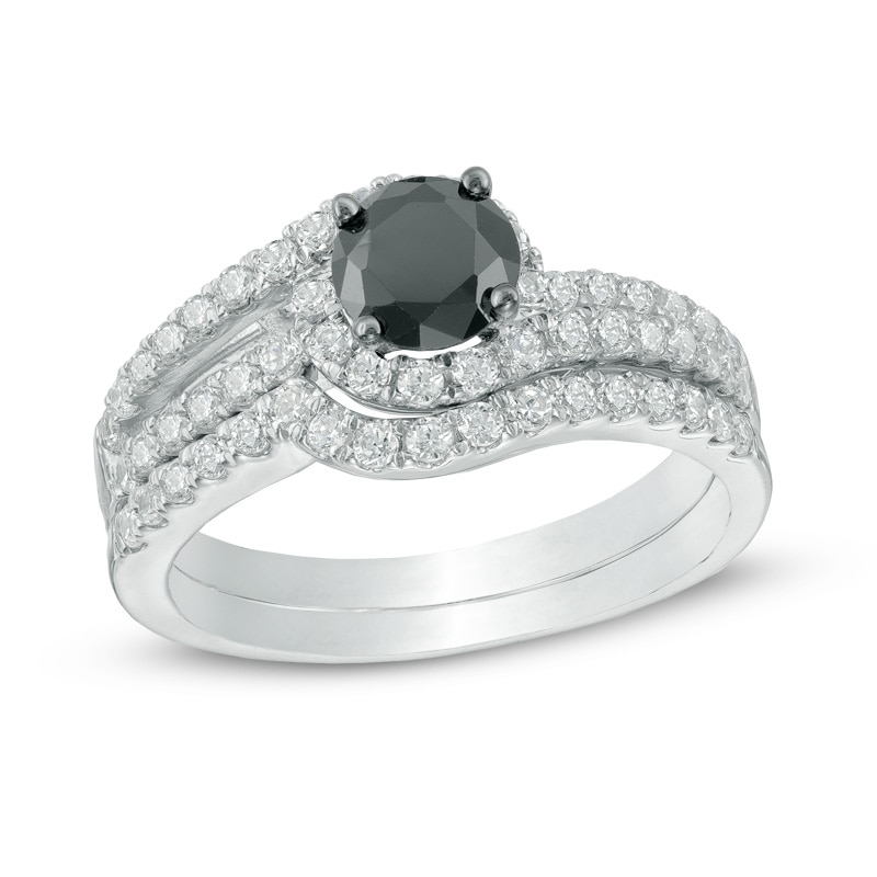 1.25 CT. T.W. Enhanced Black and White Diamond Wave Bridal Set in 10K White Gold