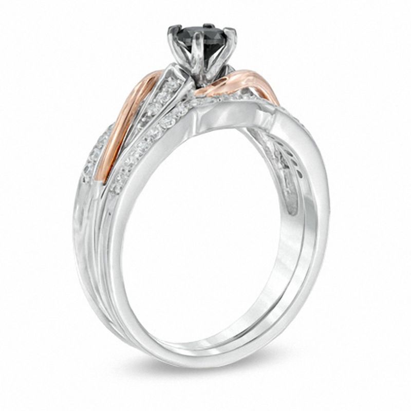 Main Image 2 of 0.50 CT. T.W. Enhanced Black and White Diamond Bridal Set in Sterling Silver and 10K Rose Gold