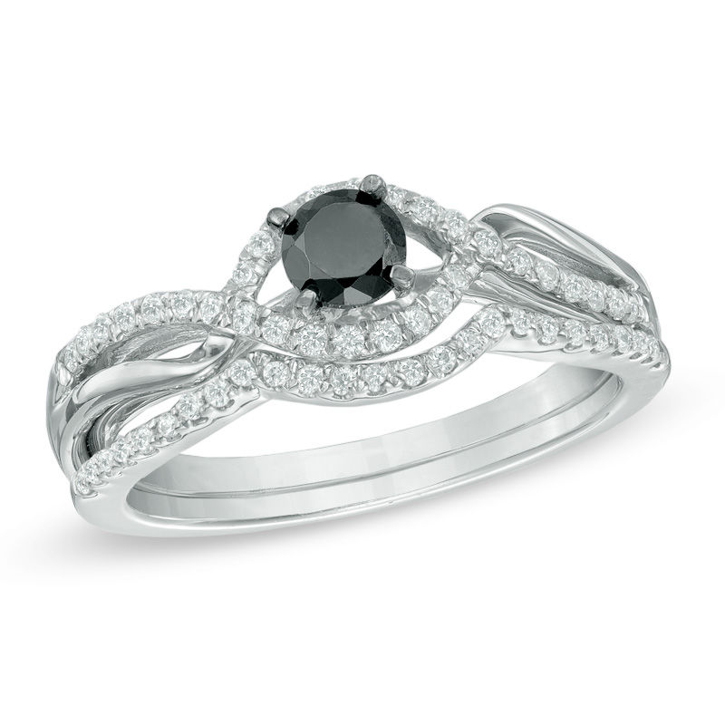 0.50 CT. T.W. Enhanced Black and White Diamond Bypass Bridal Set in Sterling Silver|Peoples Jewellers