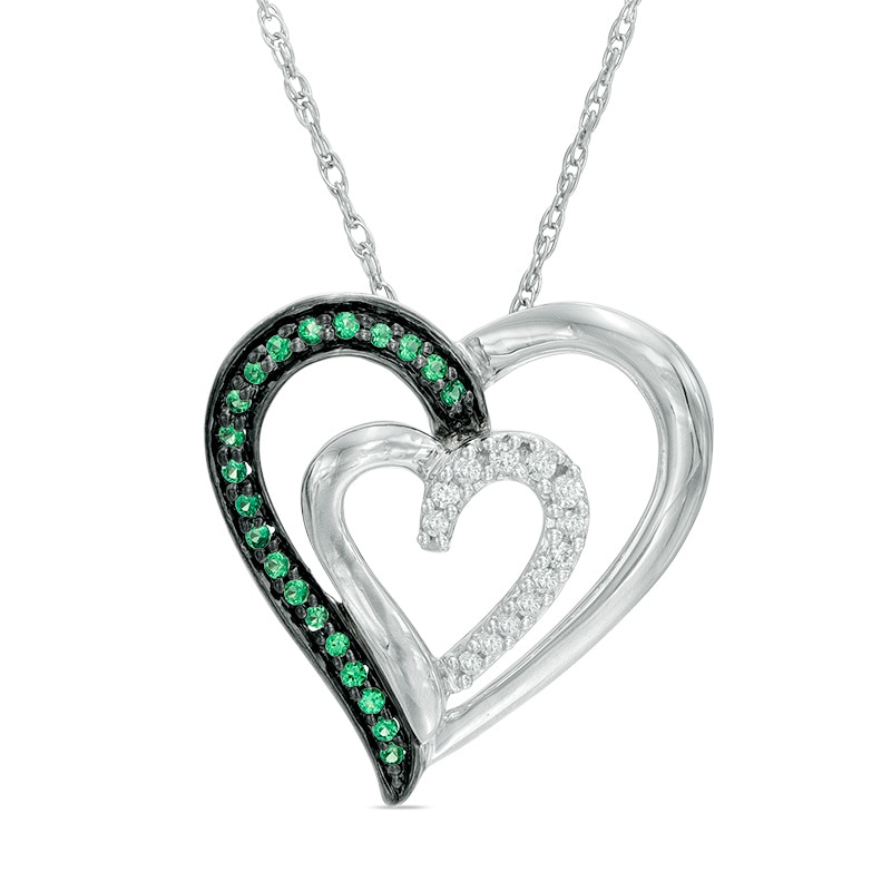 0.16 CT. T.W. Enhanced Green and White Diamond Tilted Double Heart Pendant in Sterling Silver