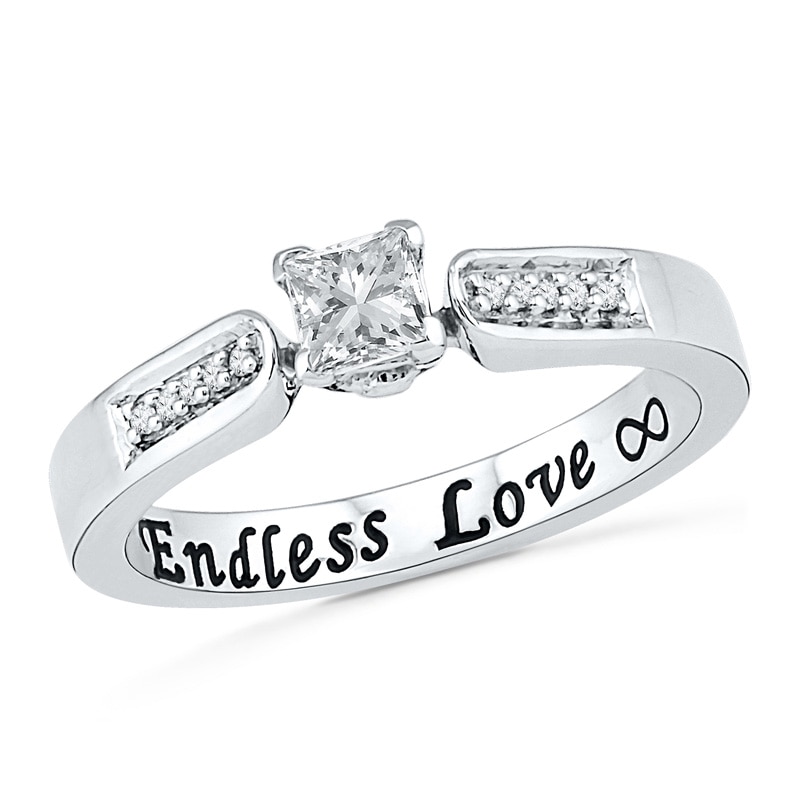Main Image 1 of 4.0mm Princess-Cut Lab-Created White Sapphire and Diamond Accent Promise Ring in 10K White Gold (1 Line)