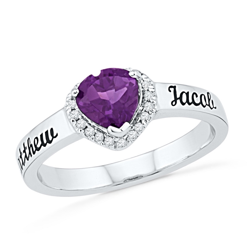 Main Image 1 of Couple's 5.5mm Heart-Shaped Amethyst and Diamond Accent Promise Ring in Sterling Silver (2 Lines)