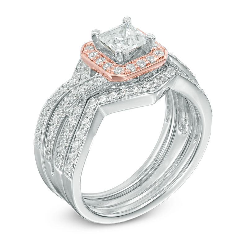 1.25 CT. T.W. Princess-Cut Diamond Chevron Three Piece Bridal Set 14K Two-Tone Gold