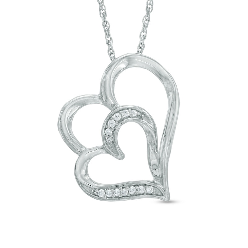 Diamond Accent Tilted Double Heart Pendant in 10K White Gold