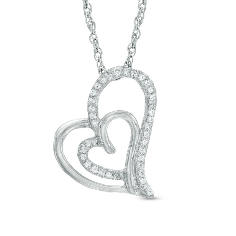 0.11 CT. T.W. Diamond Tilted Double Heart Pendant in 10K Gold|Peoples Jewellers