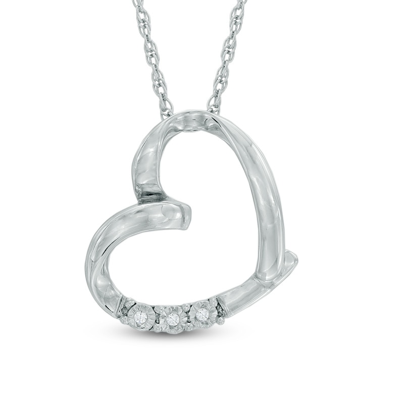Diamond Accent Three Stone Tilted Heart Pendant in Sterling Silver