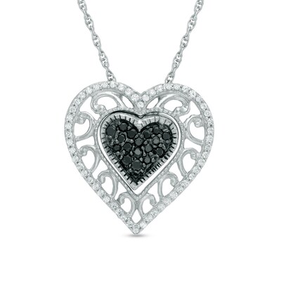0.23 CT. T.W. Enhanced Black and White Diamond Scroll Heart Pendant in Sterling Silver