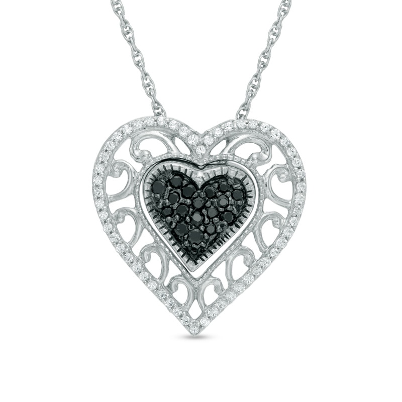 0.23 CT. T.W. Enhanced Black and White Diamond Scroll Heart Pendant in Sterling Silver