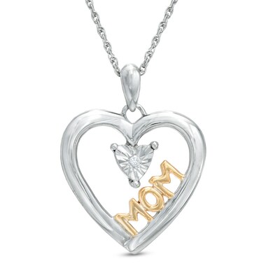 Diamond Accent Heart with "MOM" Pendant in Sterling Silver and 14K Gold Plate