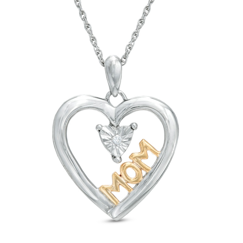 Diamond Accent Heart with "MOM" Pendant in Sterling Silver and 14K Gold Plate|Peoples Jewellers