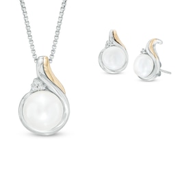 7.0-8.0mm Cultured Freshwater Pearl and Diamond Accent Pendant and Drop Earrings Set in Sterling Silver and 14K Gold