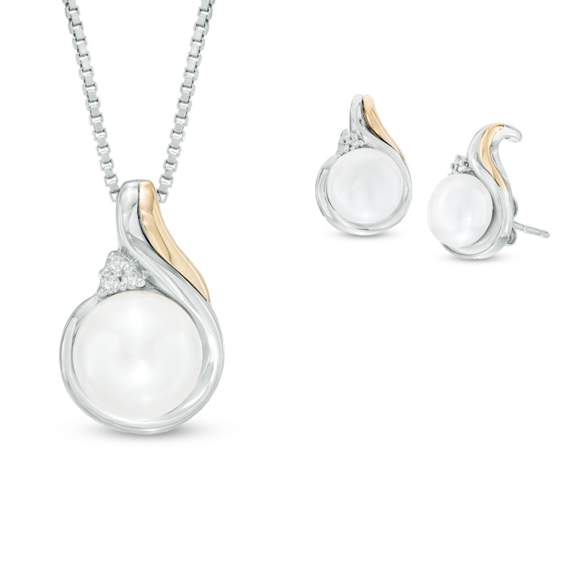 Main Image 1 of 7.0-8.0mm Freshwater Cultured Pearl and Diamond Accent Pendant and Drop Earrings Set in Sterling Silver and 14K Gold
