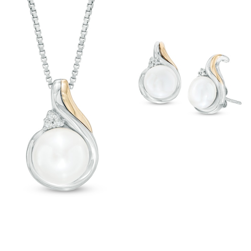 7.0-8.0mm Cultured Freshwater Pearl and Diamond Accent Pendant and Drop Earrings Set in Sterling Silver and 14K Gold|Peoples Jewellers