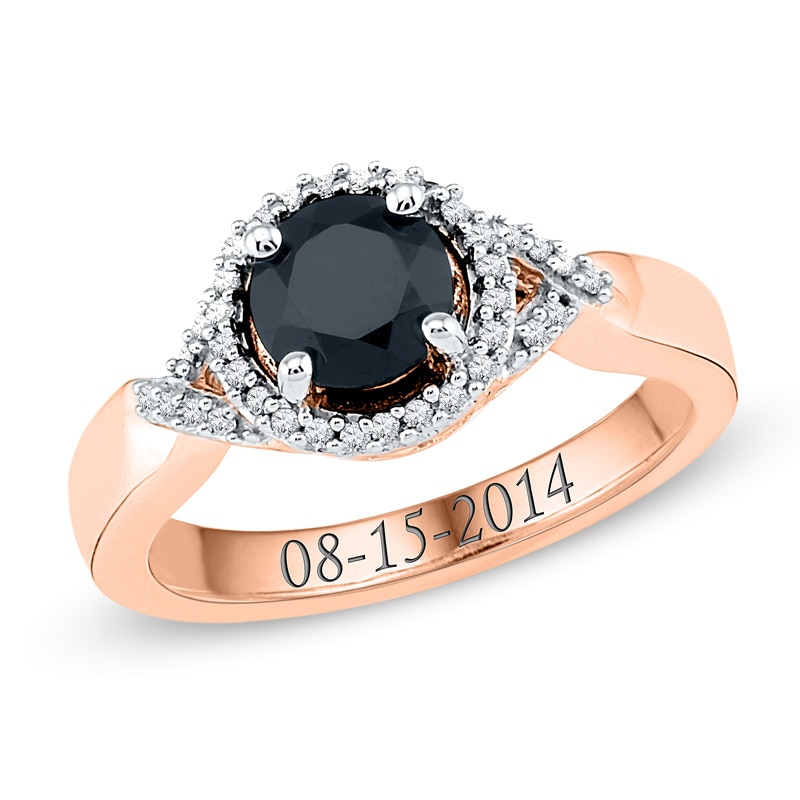 Main Image 1 of 6.5mm Black Onyx and 0.11 CT. T.W. Diamond Split Shank Engravable Promise Ring in 10K Rose Gold (1 Line)