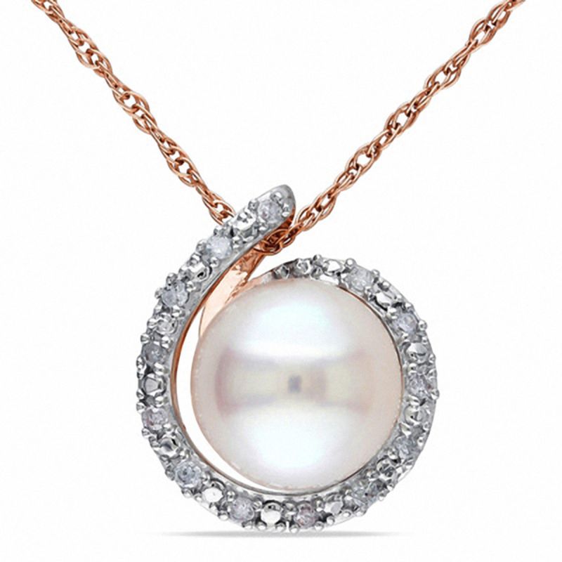 8.0 - 8.5mm Cultured Freshwater Pearl and Diamond Accent Loop Pendant in 10K Rose Gold - 17"