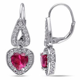 7.0mm Heart-Shaped Lab-Created Ruby and White Lab-Created Sapphire Frame Drop Earrings in Sterling Silver
