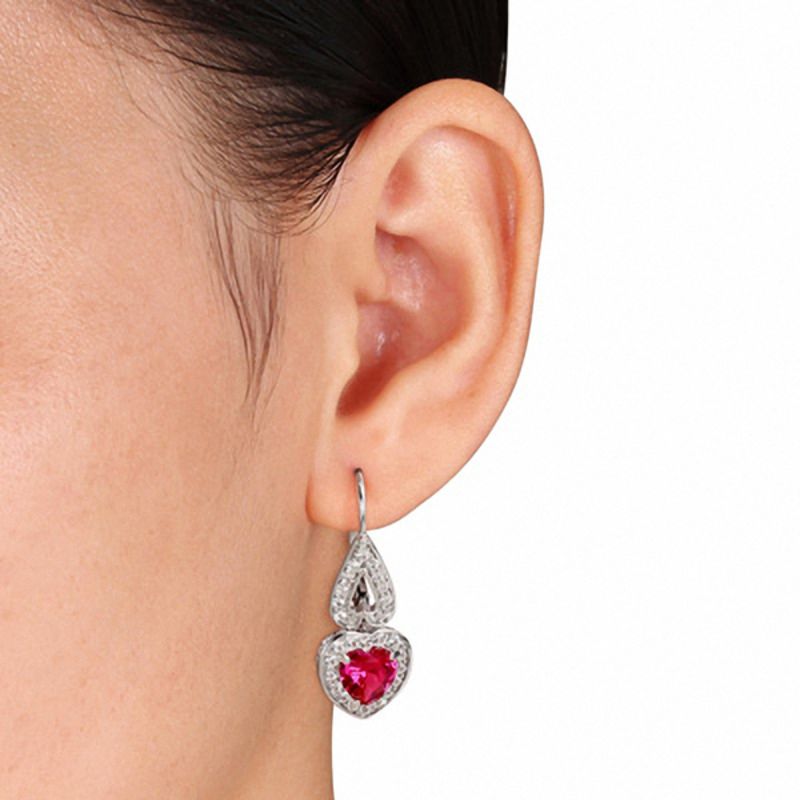Main Image 2 of 7.0mm Heart-Shaped Lab-Created Ruby and White Lab-Created Sapphire Frame Drop Earrings in Sterling Silver