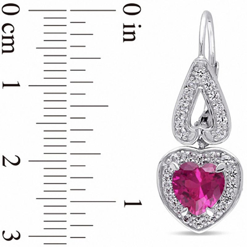 Main Image 3 of 7.0mm Heart-Shaped Lab-Created Ruby and White Lab-Created Sapphire Frame Drop Earrings in Sterling Silver