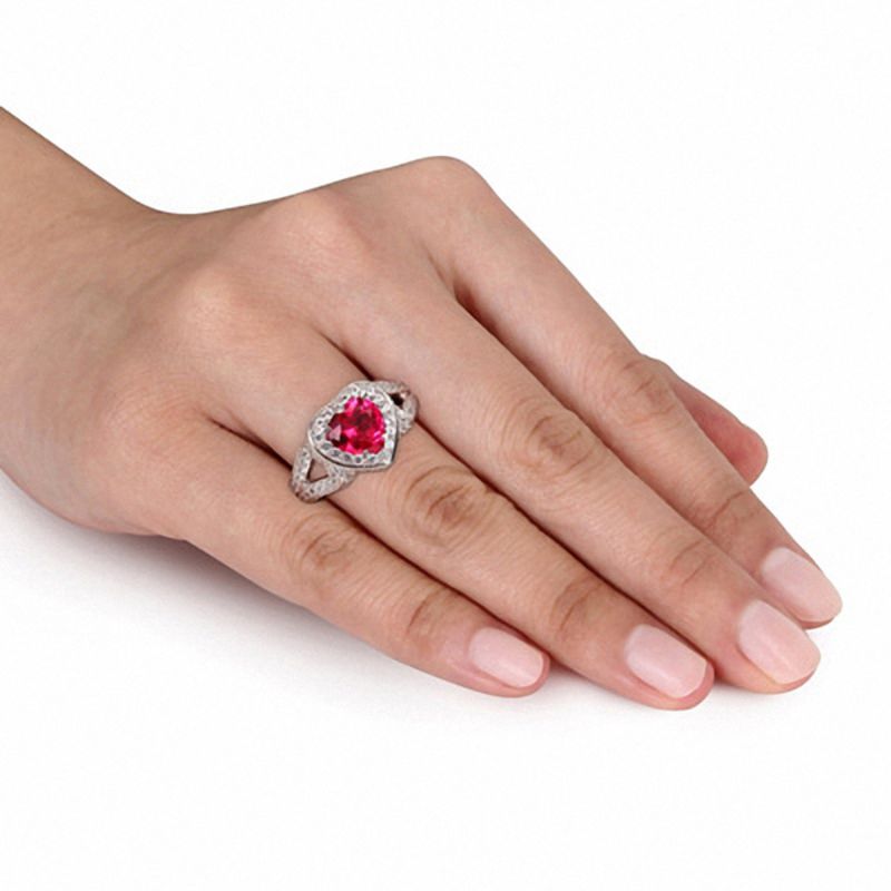 8.0mm Heart-Shaped Lab-Created Ruby and White Sapphire Frame Ring in Sterling Silver
