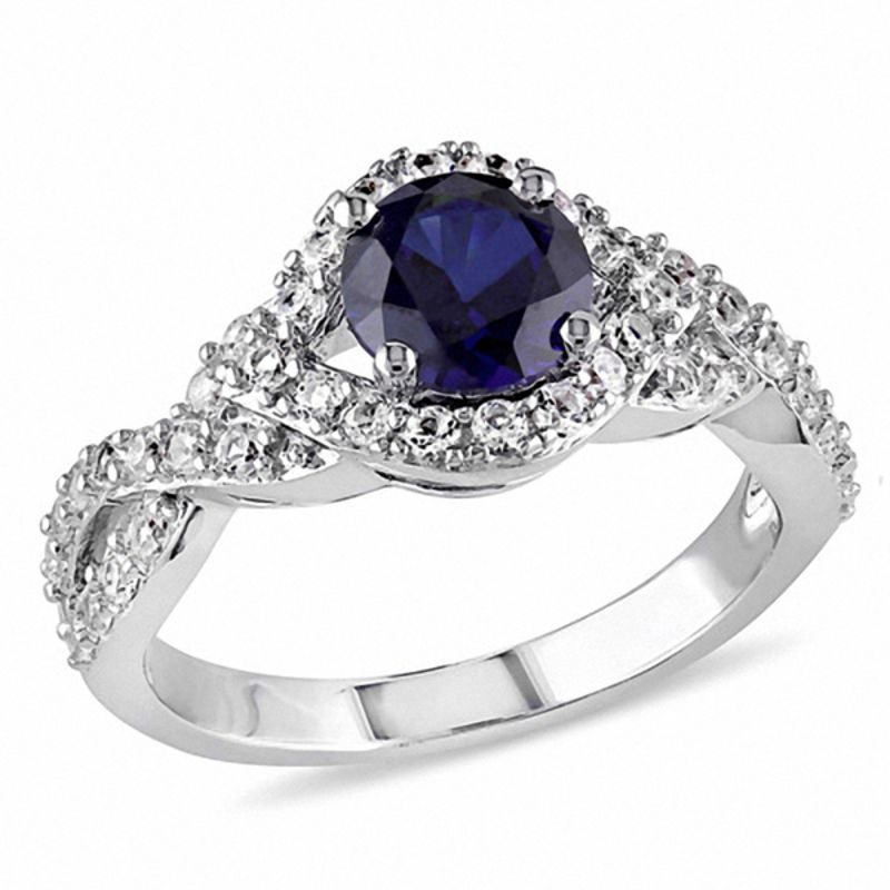 6.5mm Blue and White Lab-Created Sapphire Frame Twist Ring in Sterling Silver