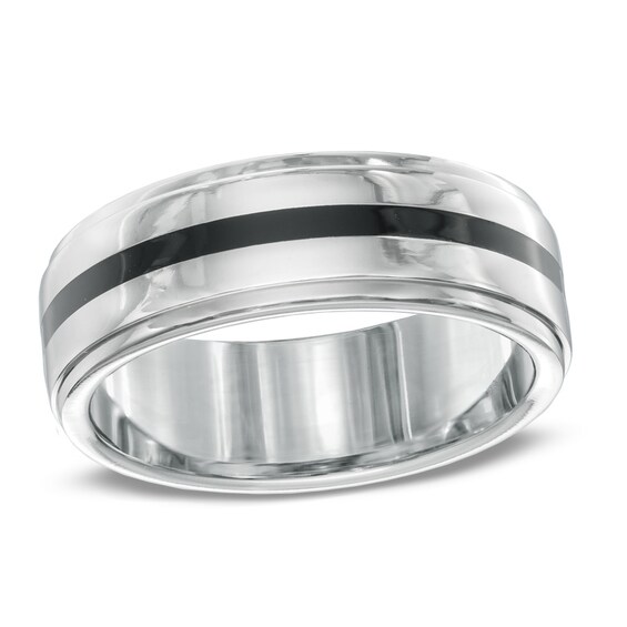 Men's 8.0mm Black Enamel Stripe Wedding Band in Titanium Men's 8.0mm Black Enamel Stripe Wedding Band in Titanium