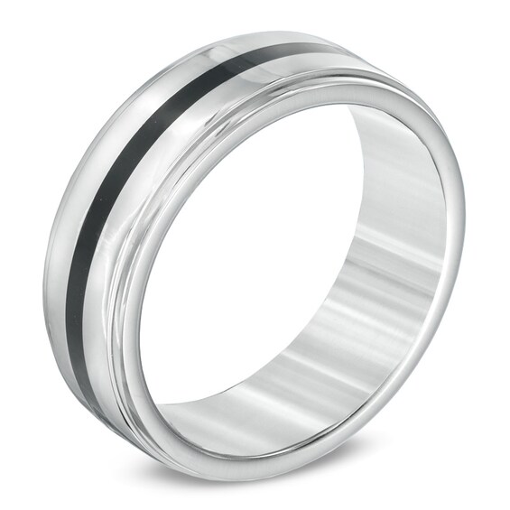 Men's 8.0mm Black Enamel Stripe Wedding Band in Titanium Men's 8.0mm Black Enamel Stripe Wedding Band in Titanium