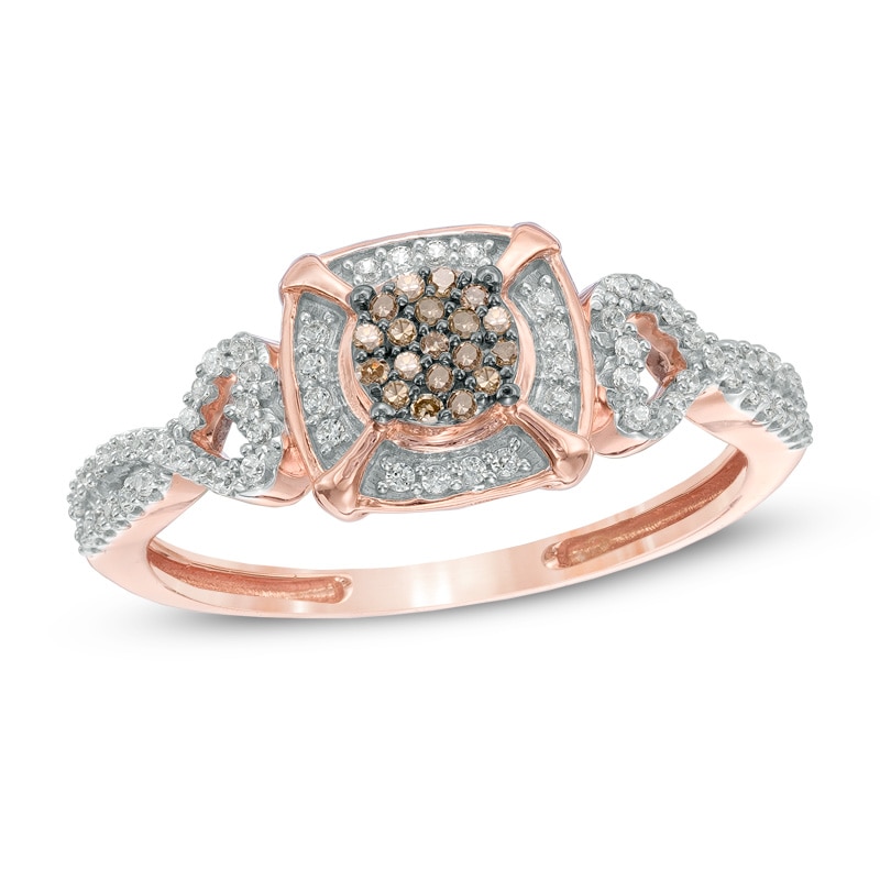 Main Image 1 of 0.20 CT. T.W. Composite Champagne and White Diamond Frame Promise Ring in 10K Rose Gold