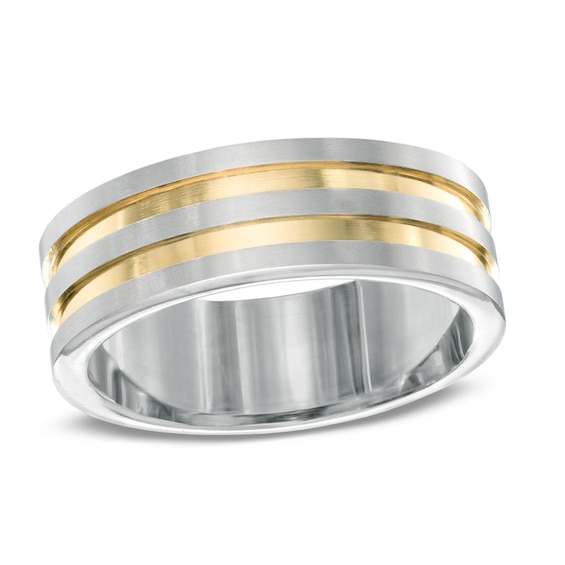 Men's 8.0mm Double Groove Wedding Band in Two-Tone Titanium Men's 8.0mm Double Groove Wedding Band in Two-Tone Titanium