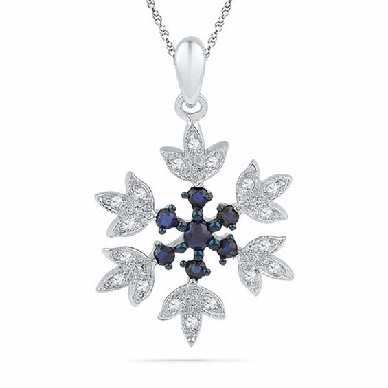 Lab-Created Blue Sapphire and Diamond Accent Snowflake Pendant in Sterling Silver