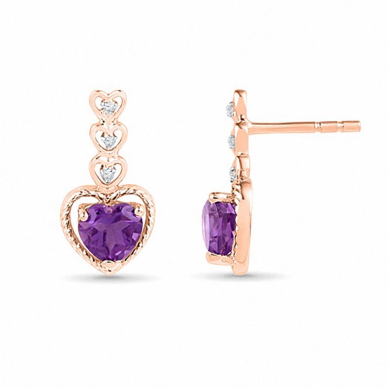 5.0mm Heart-Shaped Amethyst and Diamond Accent Heart Drop Earrings in 10K Rose Gold