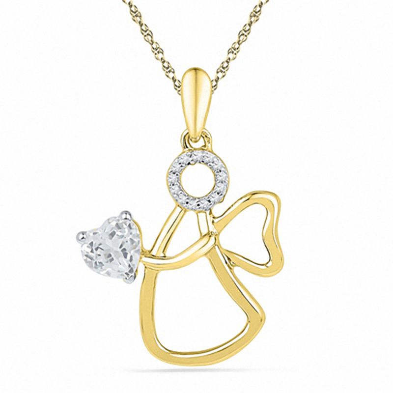 5.0mm Heart-Shaped Lab-Created White Sapphire and Diamond Accent Angel Pendant in 10K Gold