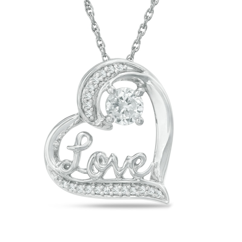 4.5mm Lab-Created White Sapphire and Diamond Accent "Love" Heart Pendant in Sterling Silver|Peoples Jewellers