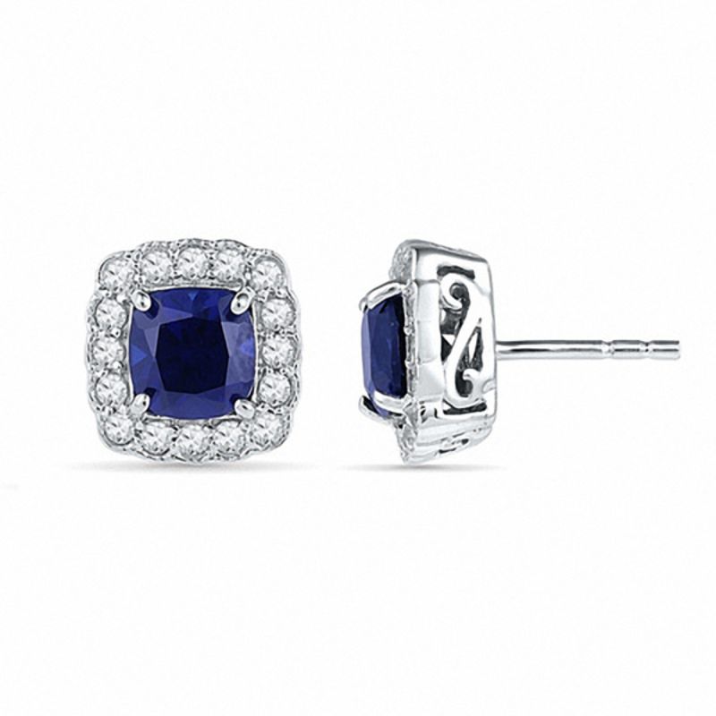 6.5mm Cushion-Cut Lab-Created Blue and White Sapphire Frame Stud Earrings in Sterling Silver
