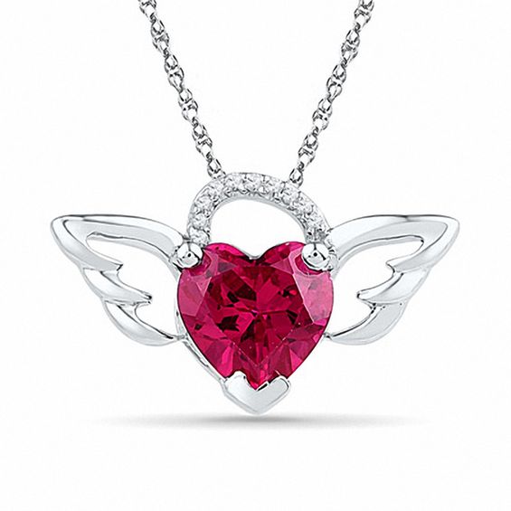 8.0mm Heart-Shaped Lab-Created Ruby and Diamond Accent Wings Pendant in ...