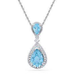 Pear-Shaped Blue Topaz, Lab-Created White Sapphire and Diamond Accent Pendant in Sterling Silver