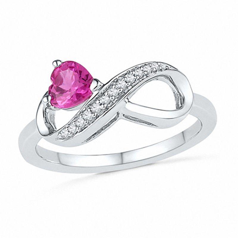 5.0mm Heart-Shaped Lab-Created Pink Sapphire and Diamond Accent Infinity Ring in Sterling Silver|Peoples Jewellers