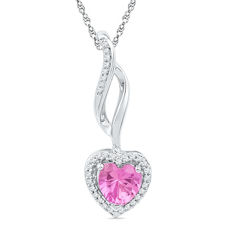 6.0mm Heart-Shaped Lab-Created Pink Sapphire and 0.09 CT. T.W. Diamond Swirl Pendant in Sterling Silver