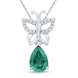 Pear-Shaped Lab-Created Emerald and Diamond Accent Butterfly Drop Pendant in Sterling Silver