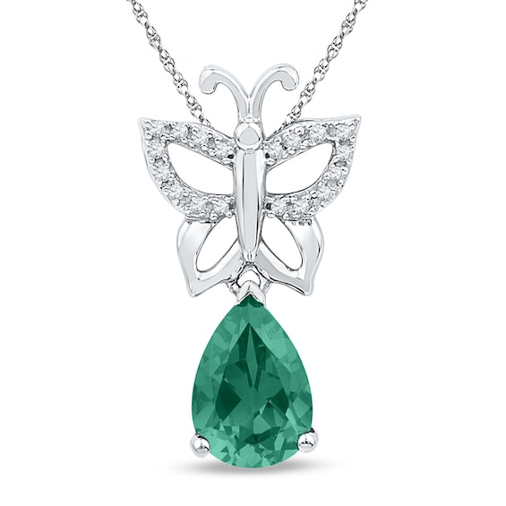 Pear-Shaped Lab-Created Emerald and Diamond Accent Butterfly Drop Pendant in Sterling Silver