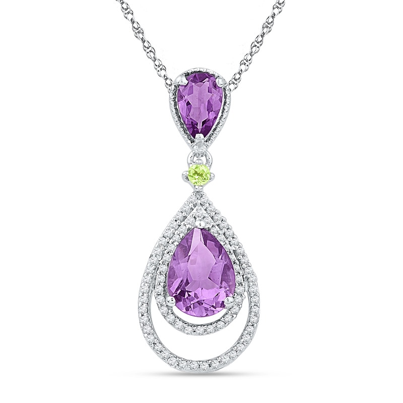 Main Image 1 of Pear-Shaped Amethyst, Peridot and 0.18 CT. T.W. Diamond Pendant in Sterling Silver