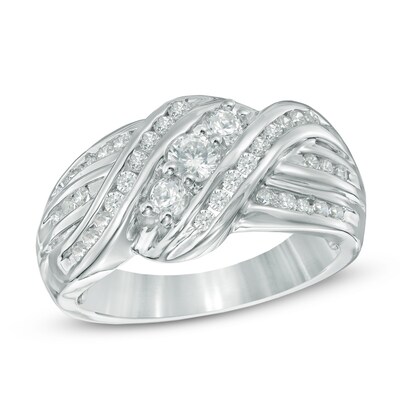 0.70 CT. T.W. Diamond Three Stone Slant Ring in 10K White Gold