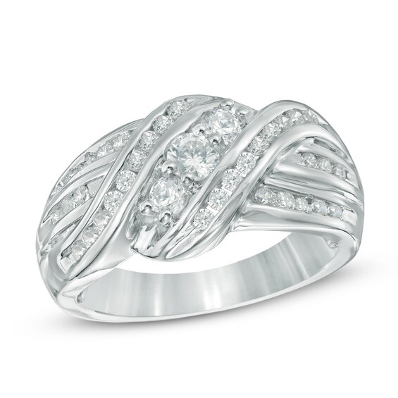 0.70 CT. T.W. Diamond Three Stone Slant Ring in 10K White Gold
