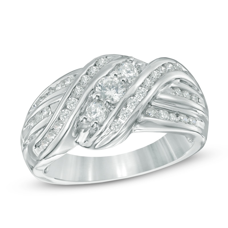 0.70 CT. T.W. Diamond Three Stone Slant Ring in 10K White Gold