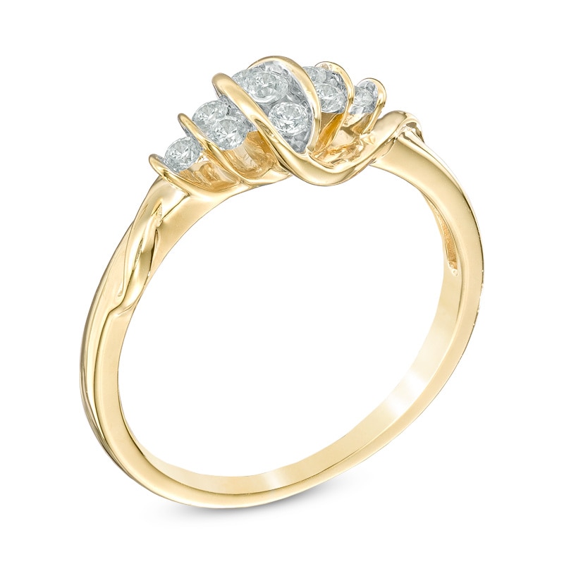 0.18 CT. T.W. Diamond Linear Three Stone with Tri-Sides Promise Ring in 10K Gold