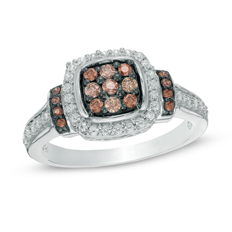 0.45 CT. T.W. Champagne Composite and White Diamond Square Frame Ring in 10K White Gold