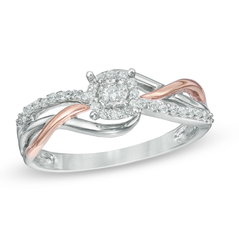 Main Image 1 of 0.18 CT. T.W. Diamond Frame Promise Ring in Sterling Silver and 10K Rose Gold